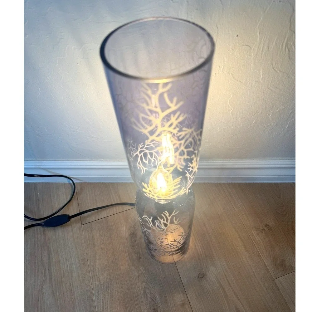 VTG 90's IKEA Smart Cylinder Table Lamp‎ Etched Blue Glass Coral Branches 18
